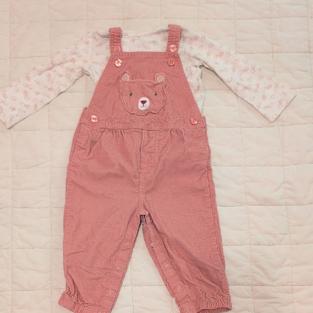 Pink Bear Overalls with White Long Sleeve Shirt